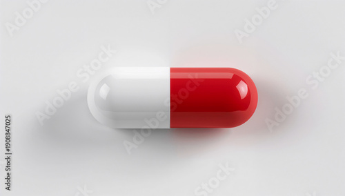 Red and White Capsule Pill Isolated on White Background, Pharmaceutical Medicine Concept for Healthcare, Treatment, Prescription Drugs and Medical Industry