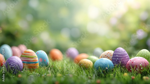 A vibrant display of colorful Easter eggs on a lush green lawn with a blurred green background.