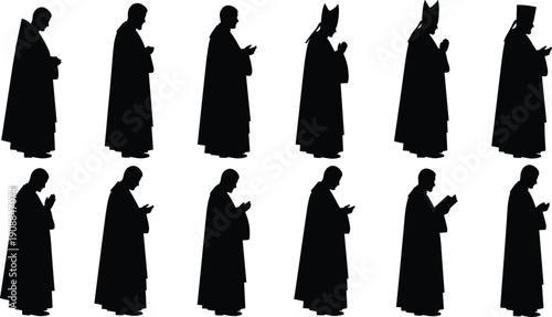 Religious clergy silhouettes, prayerful figures illustration, black and white vector art, devotion design, spiritual leaders graphic, worship posture, faith drawing