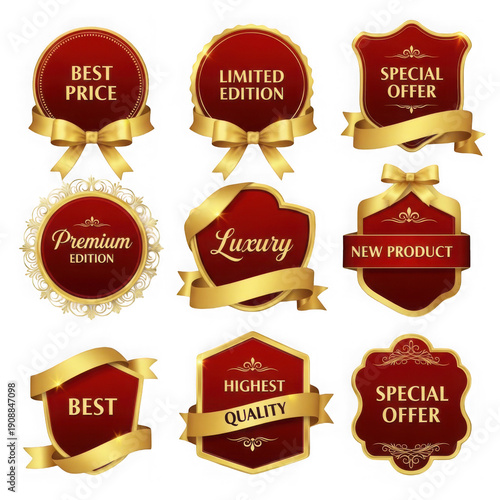 Collection of decorative red ribbons and badges with various celebratory labels isolated on transparent background