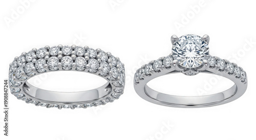 Elegant diamond engagement and wedding ring set displayed side by side isolated on transparent background