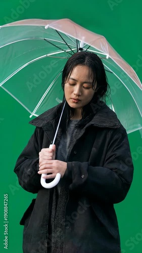 Asian woman opening transparent umbrella on green screen with wet hair and black jacket
