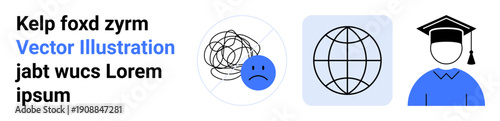 Mental health, global communication, education, conceptual learning, societal well-being, connectivity . A sad face with a tangle, globe symbol graduate icon. Mental health and global communication