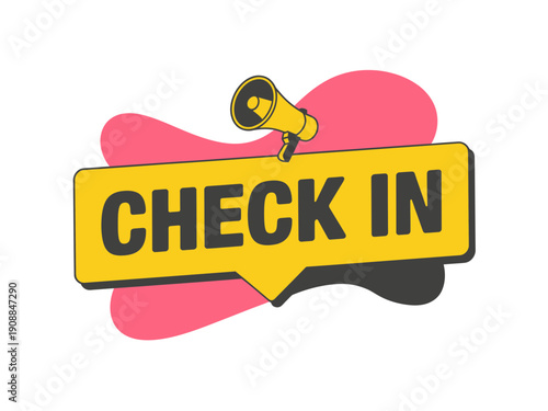 A vibrant yellow check-in sign icon with a pink and black design on a white background