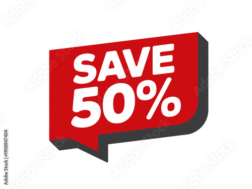 A red speech bubble with a 50 percent discount offer in white text on a plain background