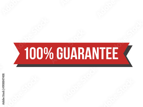 A red banner icon with a 100% guarantee label in white text, used for quality assurance and satisfaction promises