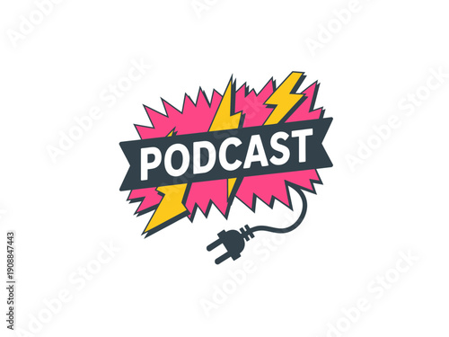 A colorful vector graphic illustration of a podcast logo with a plug and lightning bolts
