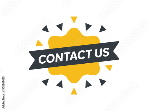 A modern vector graphic icon featuring a contact us banner with a yellow splash and triangular design elements.