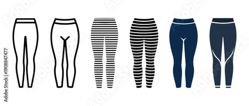 Set of stylish striped and plain sweatpants for men and women flat lay on white background fashion workout loungewear.