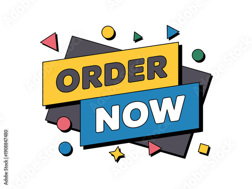 A colorful vector graphic illustration of a call to action button with the words 'ORDER NOW' in a playful, modern design.