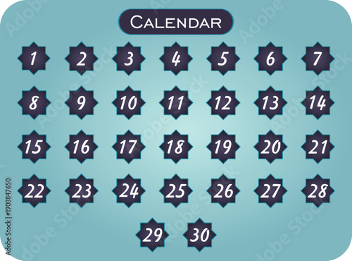 Set of flat vector Islamic Ramadan calendar templates featuring numbers 1 to 30 inside traditional geometric octagram star shapes for daily fasting schedule, holiday countdown tracking, and religious 