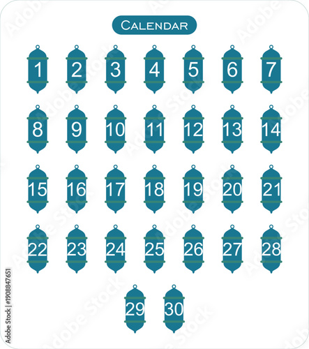Set of flat vector Islamic Ramadan calendar templates featuring numbers 1 to 30 inside traditional Arabic lanterns for daily fasting schedule, holiday countdown tracking, and religious planning design