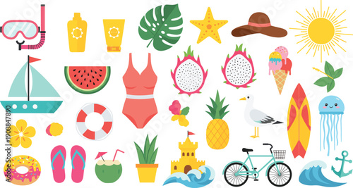 Flat vector illustration set of summer beach elements including swimsuit surfboard sailboat snorkel mask dragon fruit ice cream seagull sandcastle and bicycle.