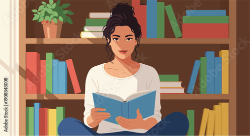 A woman peacefully reads a book while sitting cross-legged in front of a bookshelf filled with plants and various books, bathed in warm sunlight, evoking a sense of calm and intellectual pursuit