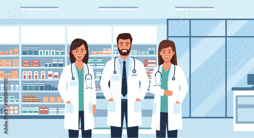 A diverse team of professional male and female doctors stands in a modern pharmacy, ready to provide medical advice and support for patient well-being