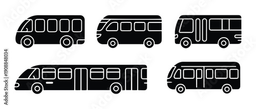 Collection of Diverse Bus and Van Silhouettes. City Transit, Passenger Transport, Modern Vehicles.