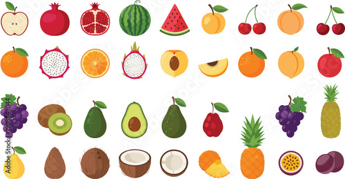 Flat vector illustration set of fresh organic fruits including apple pomegranate watermelon cherry peach orange dragon fruit kiwi avocado pineapple and coconut.