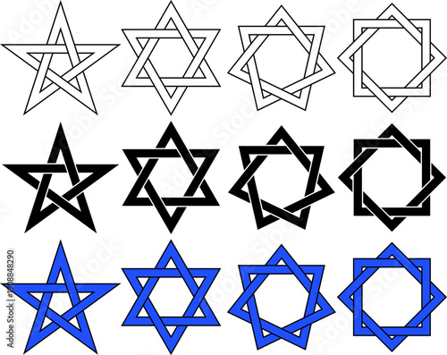 Set of geometric star icons with intertwined lines in pentagram, hexagram, and octagram variations