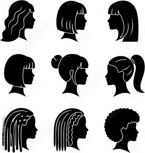 Set of Women's Hairstyle Icons, Female Haircut Silhouette Collection, Beauty Salon Hairdresser Vector Illustration