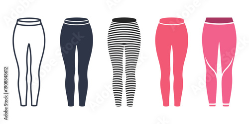 Set of five stylish women leggings in white, black, gray, pink, and striped patterns isolated on white background for fitness and fashion.