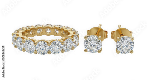Elegant diamond and gold set including ring and earrings isolated on transparent background