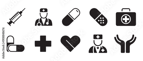 Medical Healthcare Icons Set. Syringe, Doctor, Pills, First Aid Kit, and Heart for Health Concepts.