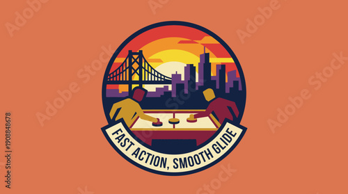 Retro Sunset Cityscape with People Playing Table Hockey Game