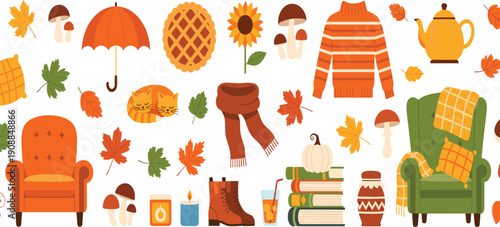 Flat vector illustration set of cozy autumn hygge elements including armchair sweater scarf umbrella books pumpkin pie maple leaves mushrooms and sleeping cat.