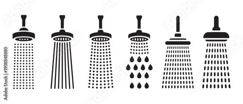 Shower Head Icons Set. Different Spray Patterns and Water Flow Variations Illustrated.