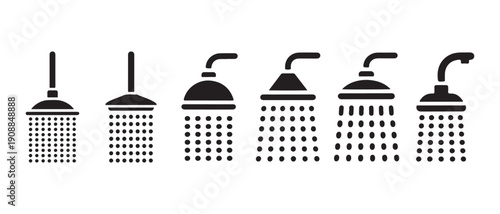 Shower heads spraying water, icons for bathroom, hygiene, and plumbing services, isolated on white background.