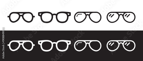 Eyeglasses Icons Set. Black Silhouette and White Outline Styles, Round and Aviator Frames, Top and Bottom Contrast Backgrounds.