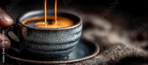 Wallpaper Mural Espresso pouring into ceramic cup, held, on saucer, dark tones, rustic Torontodigital.ca