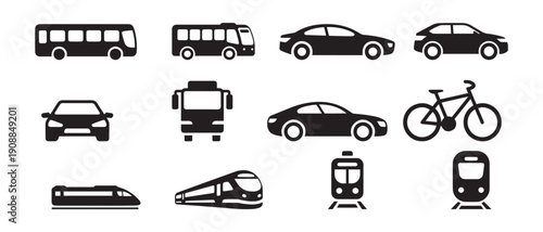 Transportation Icons. Cars, Buses, Trains, and Bicycle Silhouettes on White Background.