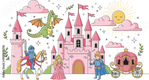 Flat vector illustration set of fairytale kingdom elements including pink castle princess prince knight on horse dragon magic carriage sun and clouds.