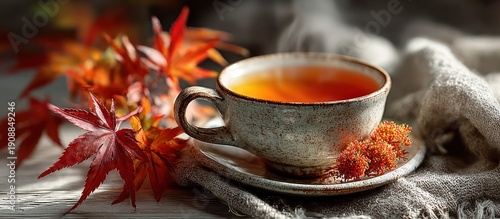 Wallpaper Mural Steaming tea cup with autumn leaves on a rustic surface Torontodigital.ca