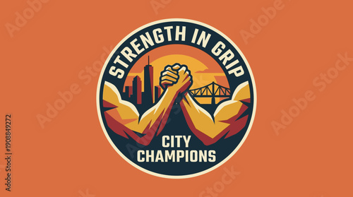 Strength in Grip City Champions Arm Wrestling Competition Logo Design