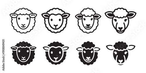 Sheep Head Icons Set. Outline and Silhouette Styles, Black and White, Farm Animals, Cute Vector Graphics.