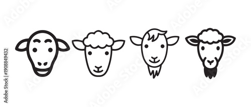 Minimalist Animal Head Icons. Sheep and Goat Faces, Simple Line Art, Vector Graphics for Farming and Livestock Concepts.
