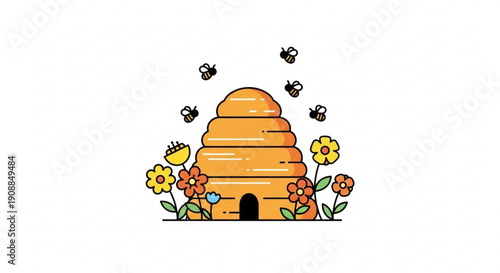 Colorful beehive with bees and flowers on white background