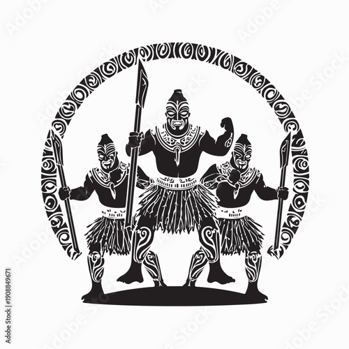 Maori Warrior Performing Traditional Haka Dance with Cloak and Skirt in Cultural Illustration