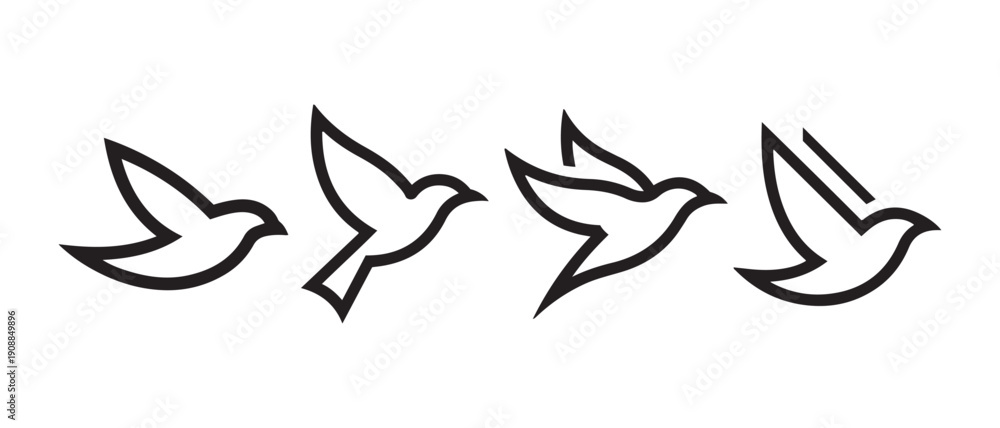 Fototapeta premium Birds line art in flight, symbolizing freedom and movement, isolated on white background.