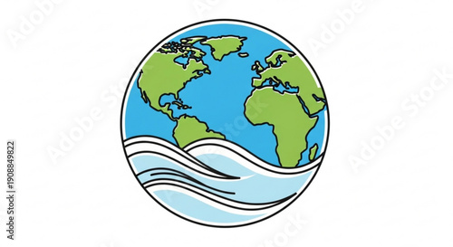 Earth globe with wavy ocean lines on blue background illustration