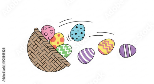 Colorful easter eggs spilling out of a woven basket on white background