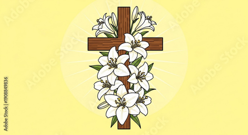 Wooden cross adorned with white lilies symbolizing Easter resurrection and hope isolated on a soft yellow background