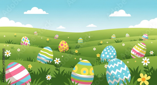 Colorful Easter eggs scattered across a green grassy field with flowers and a blue sky festive spring holiday background illustration