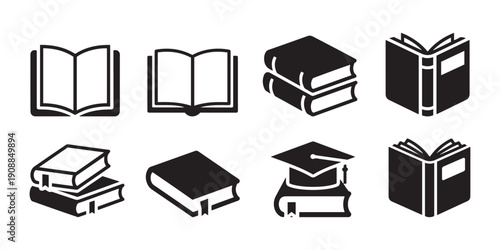  Open Books Collection of Vector Icons. Stacked Books, and Graduation Cap Symbolizing Education and Knowledge.