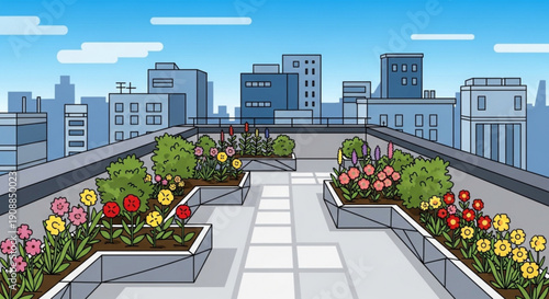 Urban rooftop garden with blooming flowers and city skyline a green oasis in the concrete jungle for eco-friendly living concepts
