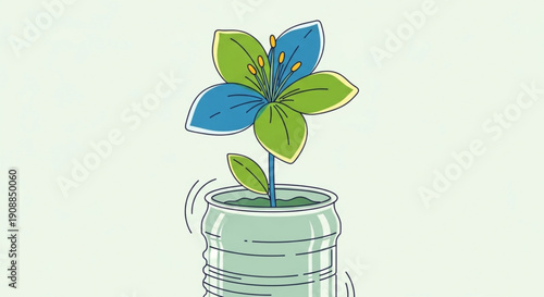 Green and blue flower growing from a can symbolizing recycling and sustainability simple flat illustration for eco-friendly concepts