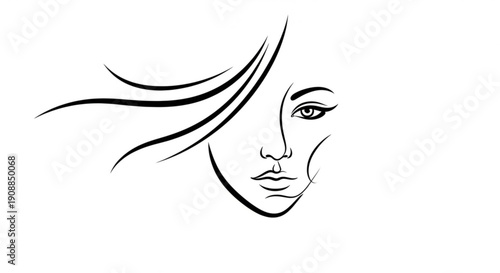 Stylized woman's face with flowing hair in minimalist line art style on white background