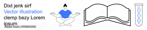 Wellness, education, science, health, mindfulness, knowledge. Person meditating in lotus position, open book DNA tube. Wellness and education visualization